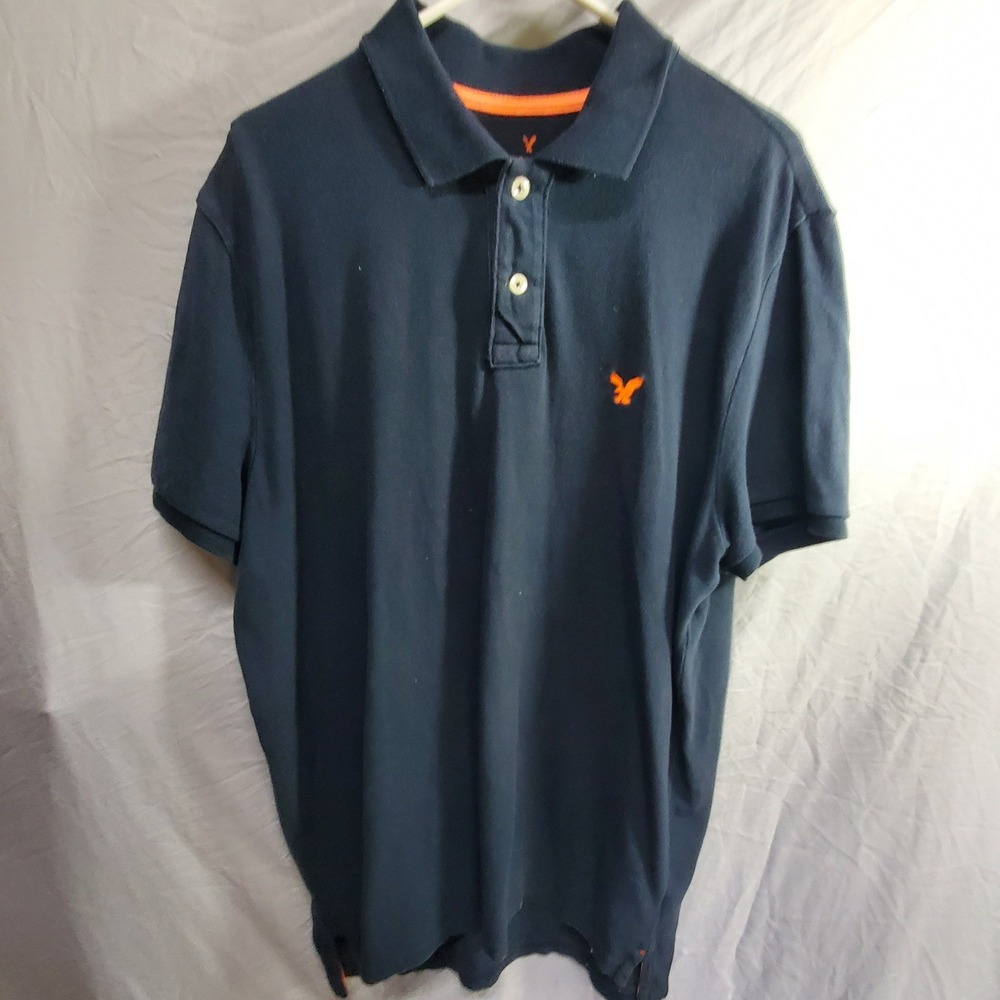American Eagle Mens XL Navy Blue Cotton Pique Polo Shirt Orange Eagle Logo